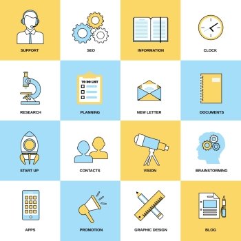 Business icons flat line set of support seo information clock isolated vector illustration