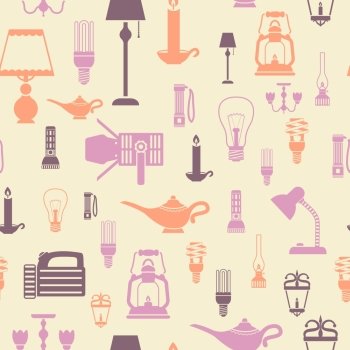 Flashlight and lamps electric bulbs seamless pattern vector illustration