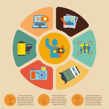 Photography photo equipment mode studio editing infographics set with pie chart vector illustration