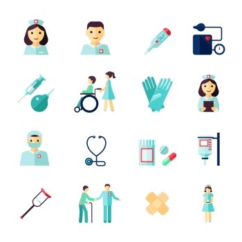 Nurse health care medical icons flat set isolated vector illustration