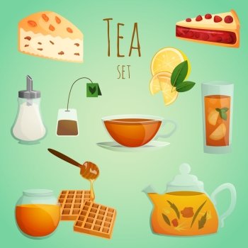 Tea decorative icons colored set with beverage and dessert isolated vector illustration