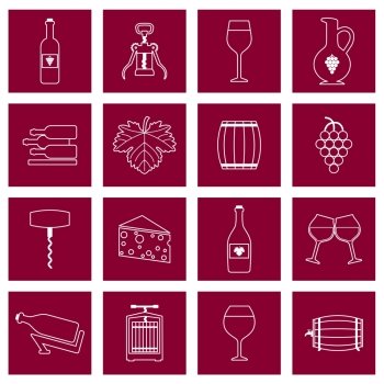 Wine alcohol drink outline icons set of wineglass bottle isolated vector illustration