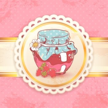 Homemade strawberry jam can retro background with paper badge vector illustration