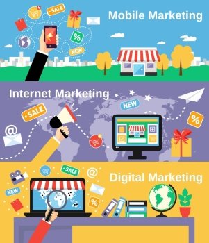 Digital mobile internet marketing line banners set isolated vector illustration