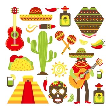Mexico travel symbols decorative icon set isolated vector illustration