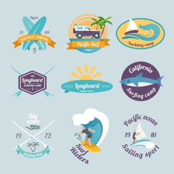 Beach surfing summer yachting labels set isolated vector illustration.