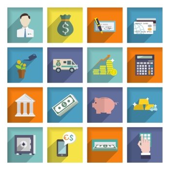 Bank service flat icons set with money box storage check isolated vector illustration