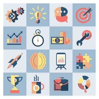 Creative process research brainstorming productivity icons set isolated vector illustration