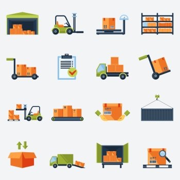 Warehouse transportation and delivery icons flat set isolated vector illustration