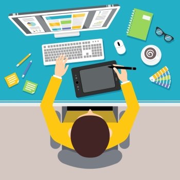 Designer work place with top view man sitting on table with monitor and drawing tools vector illustration