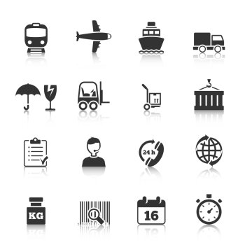 Logistic symbols of packing loading worldwide cargo transportation delivery service black icons set abstract isolated vector illustration