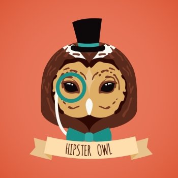 Animal owl with monocle hat and bow tie hipster character portrait vector illustration