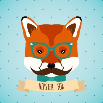 Animal fox with glasses bow and moustaches hipster character portrait vector illustration.