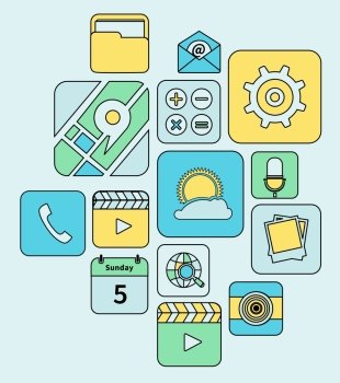 Mobile phone applications flat line icons set isolated vector illustration