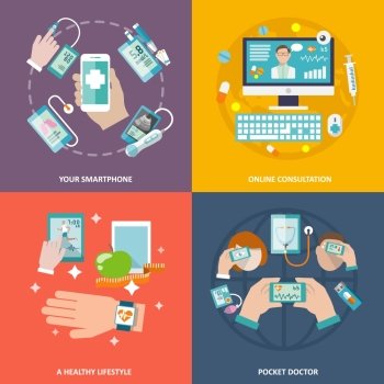 Digital health your smartphone online consultation healthy lifestyle pocket doctor icons flat set isolated vector illustration