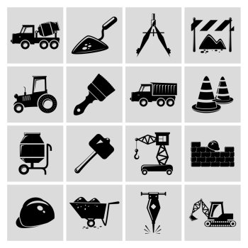 Construction and building engineer equipment black icons set isolated vector illustration