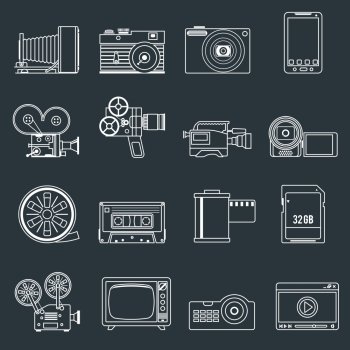 Photo video camera and multimedia professional entertainment equipment outline icons set isolated vector illustration