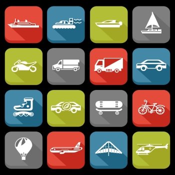 Transport flat icons set with roller skate balloon plane isolated vector illustration