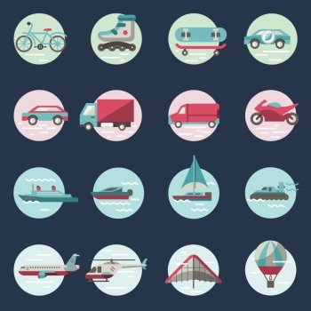 Transport round button icons set with truck helicopter motorcycle isolated vector illustration