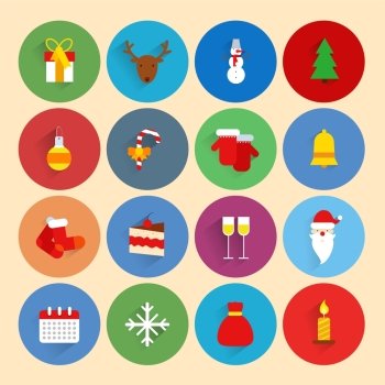 Christmas new year holiday season celebration icons set with gift box deer snowman isolated vector illustration