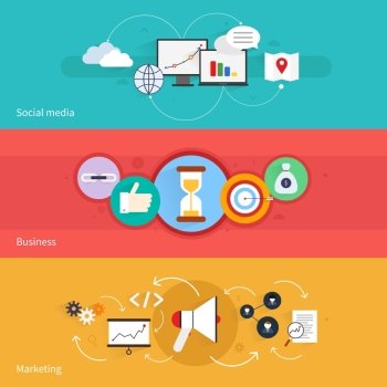 SEO marketing horizontal banner set with social media business isolated vector illustration