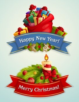 Merry christmas and happy new year ribbon banner set with gift boxes candle and traditional decoration isolated vector illustration