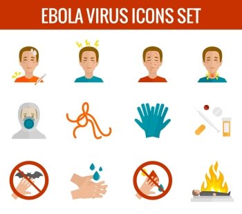 Ebola virus medical disease deadly infection symptoms flat icons set isolated vector illustration