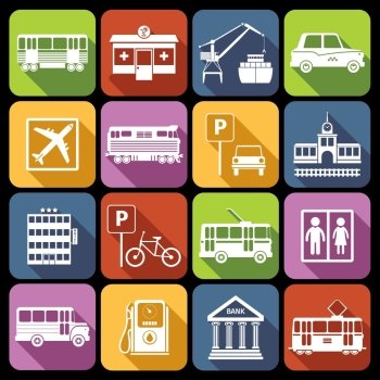 City infrastructure icons white set with airport metro parking station isolated vector illustration