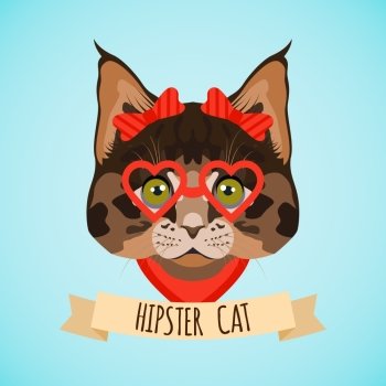 Hipster cat with glasses and bows portrait with ribbon poster vector illustration