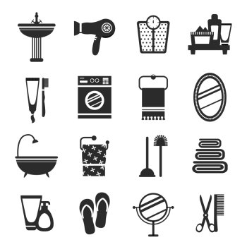 Bathroom icons black and white set with wash basin hairdryer weights cream isolated vector illustration