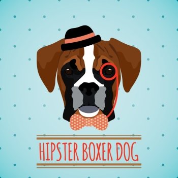 Hipster boxer dog with hat monocle and bow tie portrait with ribbon poster vector illustration