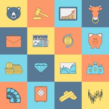 Finance investment money currency exchange trading icons flat line set isolated vector illustration