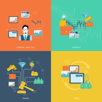 Finance exchange flat icons set with financial analytics strategy trades forex isolated vector illustration