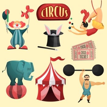Circus decorative set with tent clown magic hat isolated vector illustration