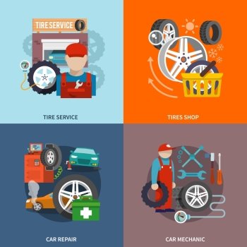 Tire service flat set with shop car repair mechanic isolated vector illustration.