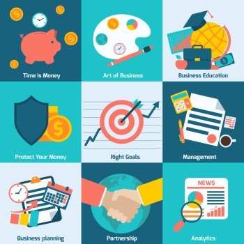 Business concept flat icons set with time is money right goals management analytics isolated vector illustration