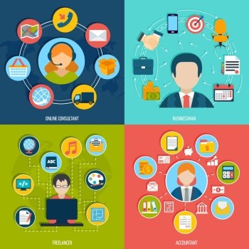 People professions flat icons set with online consultant businessman freelancer accountant isolated vector illustration