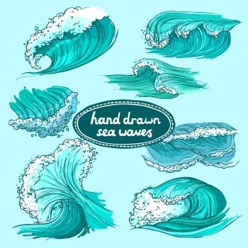 Waves flowing water hand drawn sea ocean colored decorative icons set isolated vector illustration