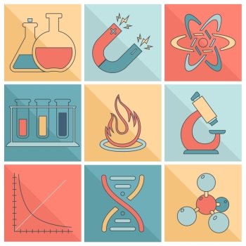 Science and research laboratory flat line icons set with magnet atom dna isolated vector illustration