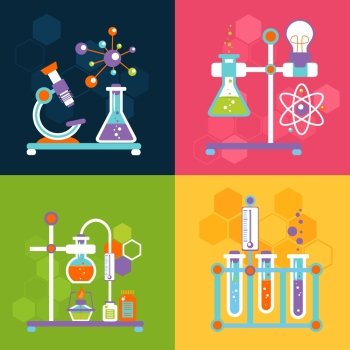 Chemistry decorative flat icons set with lab test and research equipment isolated vector illustration