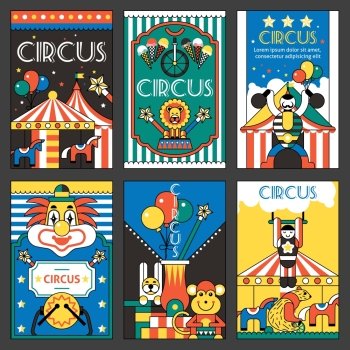 Circus entertainment fun park holiday retro posters set isolated vector illustration