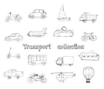 Transport doodle set with motorcycle car yacht truck isolated vector illustration