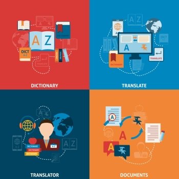 Translation and dictionary foreign language interpretation process elctronic mobile technology four flat icons composition abstract vector illustration