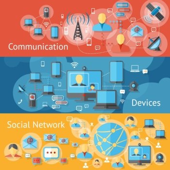 Communication line banners set with social network devices elements isolated vector illustration