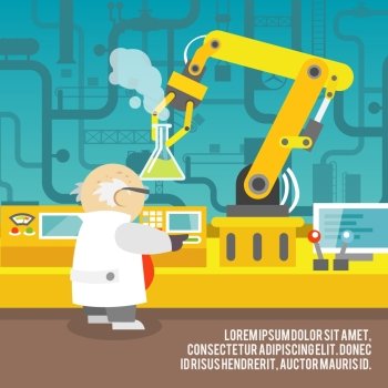 Robotic arm assemble line mechanic manufacturing with scientist factory robot operator production concept vector illustration.