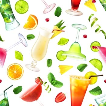 Cocktail seamless pattern with alcohol drinks in glasses and decoration vector illustration
