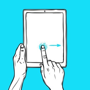 Hand holding tablet device and touching a button sketch on blue background vector illustration.