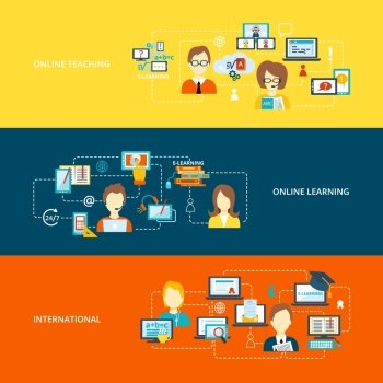 E-learning flat banner set with international online teaching learning isolated vector illustration