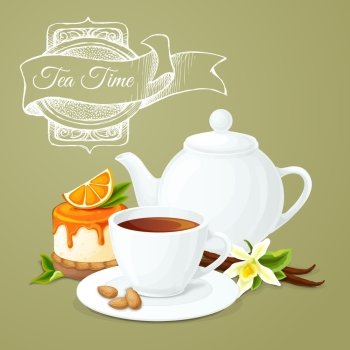 Tea party poster with cup pot orange dessert and badge vector illustration.