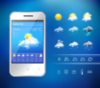 Realistic mobile phone with weather forecast widget mobile application program layout template vector illustration